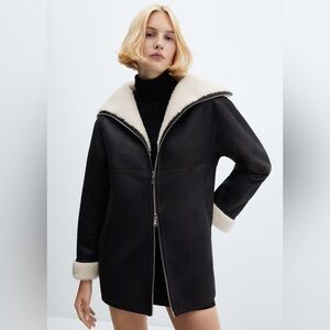 Mango Shearling Lined Coat Black and Cream Teddy Jacket Coat Size XXL